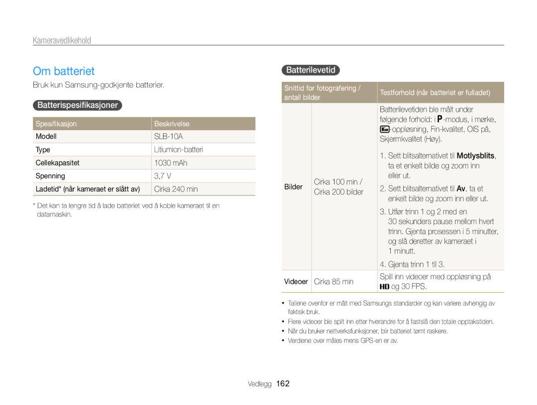 Samsung EC-WB850FBPBE2 manual Om batteriet, Batterilevetid  